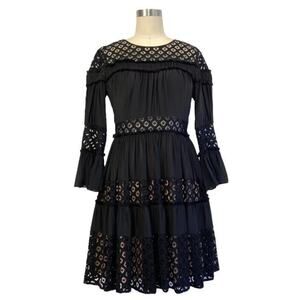 Cinq A Sept Octavia Silk Dress 2 Eyelet Lace Black Goth Luxe Mini Dress Ruffle